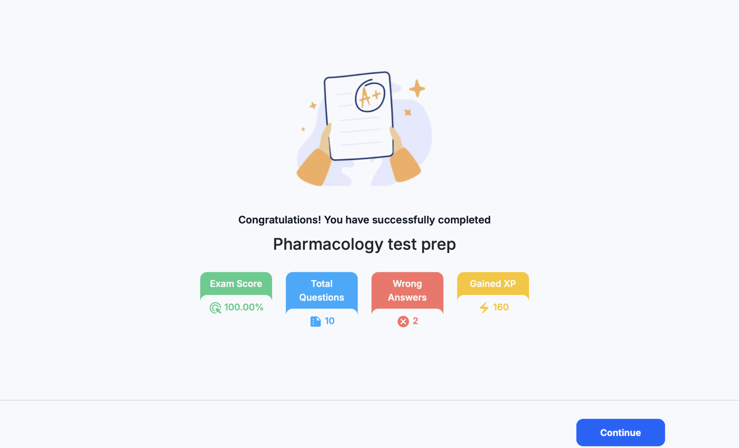 Screenshot of Ollivate’s exam completion screen displaying a perfect score, zero wrong answers, and earned experience points, highlighting successful CRNA board prep progress.